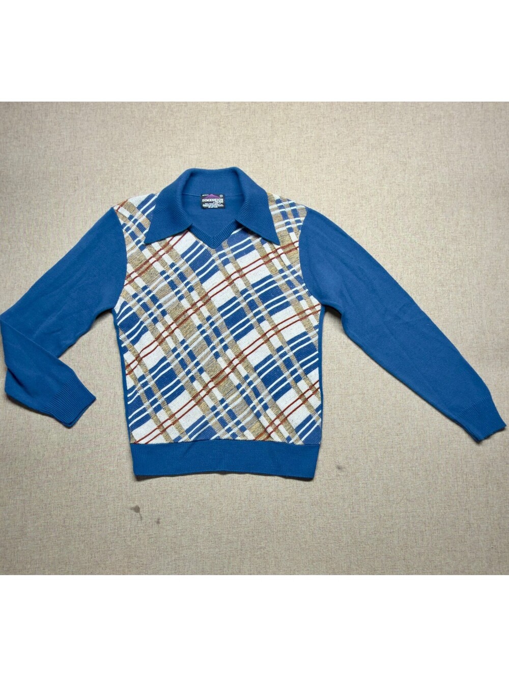 Title Vintage 70s Dimension by Milford Blue Plaid Collared Sweater Medium